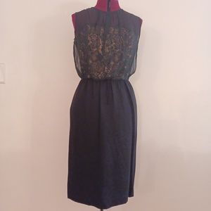 Vintage 60s Handmade Black Lace Peach Taffeta Sheer Cocktail Party Dress